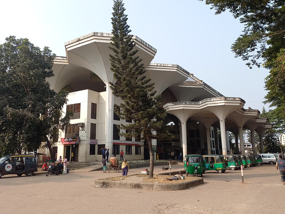 Sylhet Railway Station entrance with CNG auto-rickshaws outside